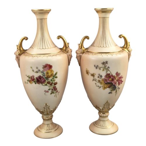 ROYAL WORCESTER PAIR OF BLUSH IVORY FLORAL VASES PATTERN 1911 1900 - ADDITIONAL PHOTO 2