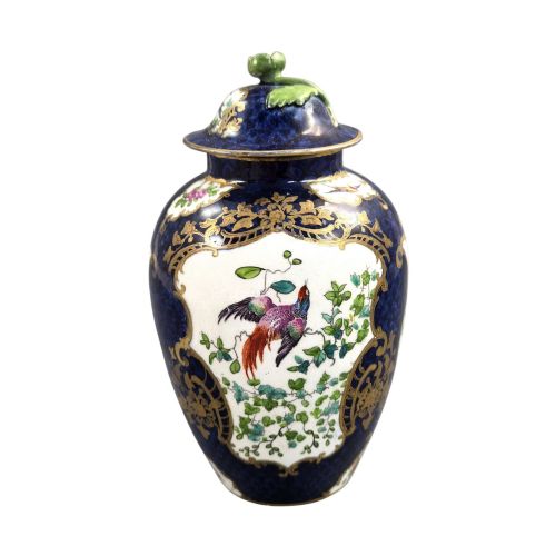 BOOTHS SILICON CHINA COVERED VASE WITH EXOTIC BIRDS ON SCALE BLUE GROUND C1900 - ADDITIONAL PHOTO 1