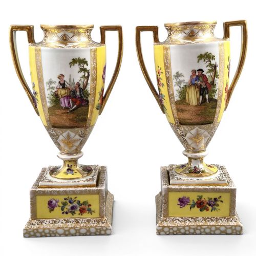 PAIR OF HELENA WOLFSOHN DRESDEN ROYAL YELLOW PORCELAIN URNS C18791883