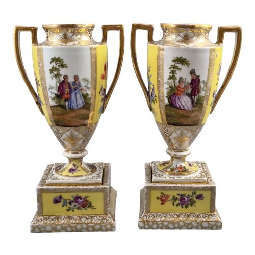 PAIR OF HELENA WOLFSOHN DRESDEN ROYAL YELLOW PORCELAIN URNS C18791883 - ADDITIONAL PHOTO 2
