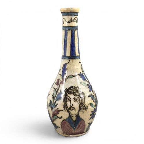 PERSIAN QAJAR POTTERY BOTTLE VASE WITH PORTRAIT DECORATION IRAN C18501880