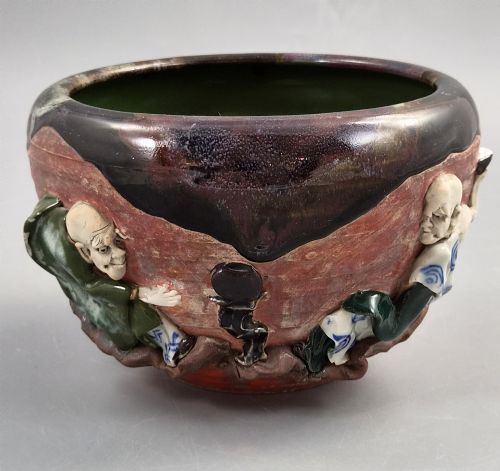 JAPANESE SUMIDA GAWA BOWL SIGNED INOUE RYSAI FIGURES IN RELIEF MEIJITAISH C1900 - ADDITIONAL PHOTO 7