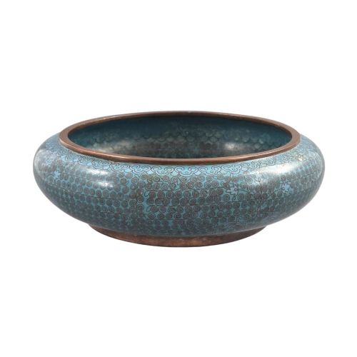 fig 2. A low, rounded Chinese cloisonne enamel scholars brush washer featuring intricate wire scroll motifs on a turquoise blue ground with exposed metal rims.