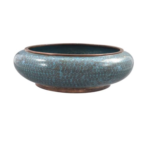 fig 3. A low, rounded Chinese cloisonne enamel scholars brush washer featuring intricate wire scroll motifs on a turquoise blue ground with exposed metal rims.