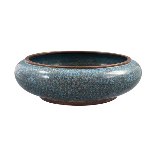 fig 4. A low, rounded Chinese cloisonne enamel scholars brush washer featuring intricate wire scroll motifs on a turquoise blue ground with exposed metal rims.