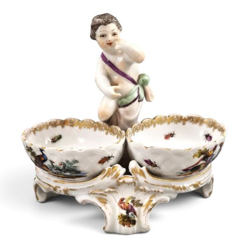 Kpm Berlin Figural Double Salt Cellar with Hand-painted Birds, C.1870-1890