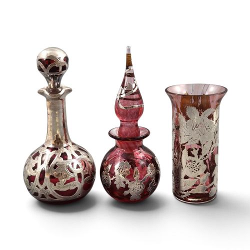 Laugharne Glass Ruby Vanity Set with Hallmarked Sterling Silver Overlay, C.1980s