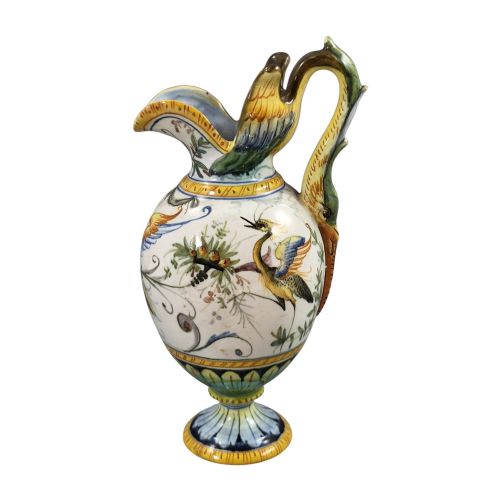 fig 3. A pair of late 19th-century Italian Cantagalli tin-glazed majolica ceramic vessels, comprising a ruffled-rim vase and a sculpted ewer decorated with painted Renaissance grotesque motifs.