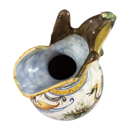 fig 5. A pair of late 19th-century Italian Cantagalli tin-glazed majolica ceramic vessels, comprising a ruffled-rim vase and a sculpted ewer decorated with painted Renaissance grotesque motifs.