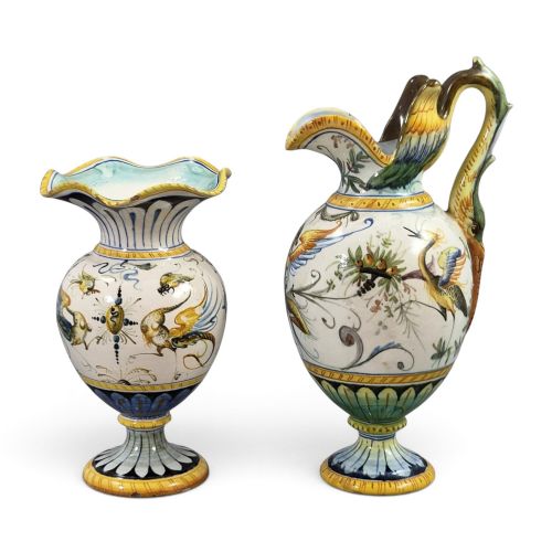 Cantagalli Florence Renaissance Revival Majolica Ewer and Vase, C.1890