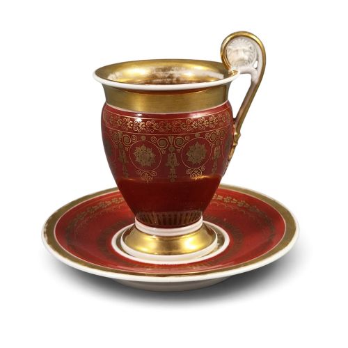 French Old Paris (Vieux Paris) Empire Porcelain Cabinet Cup and Saucer with Lion Mask Handle, C.1820