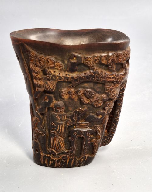 Antique Chinese Carved Water Buffalo Horn Libation Cup, Immortals and Pine, C.1880