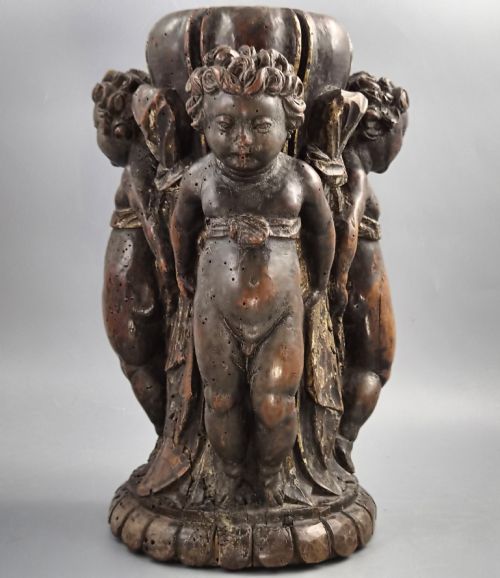 Italian Baroque Carved Walnut Torchiere Base, Three Putti, Venetian, 17th-18th Century