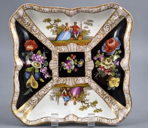 Meissen Porcelain Square Dish, Watteau Scenes and Black Ground, C.1850-1870