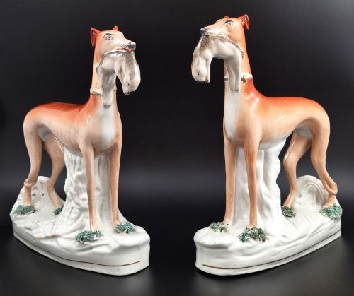 Pair Large Victorian Staffordshire Greyhounds with Hares, England C.1850