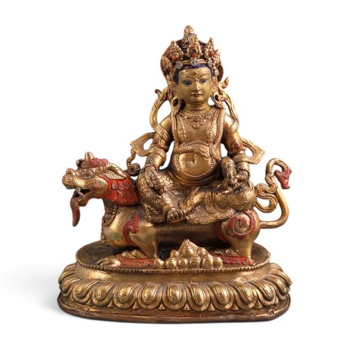 Early 20th Century Sino-tibetan Gilt Bronze Jambhala Seated on a Lion