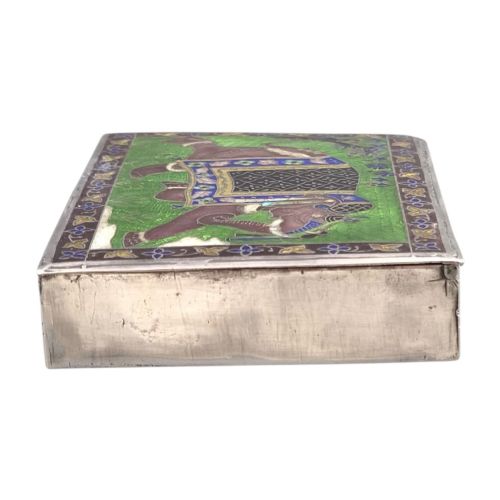 fig 3. A rectangular sterling silver box featuring a colourful enamelled scene of a decorated Indian elephant set against a green background with a patterned border.