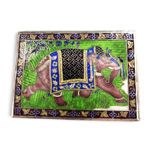 Vintage Indian Sterling Silver and Enamel Elephant Card or Cigarette Box