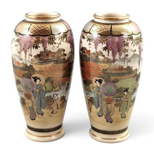 Pair of Japanese Shozan Satsuma Vases with Women and Children, C.1900-1910
