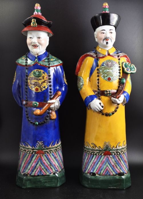 Rare Large 56cm Chinese Porcelain Qing Emperor Figures, Pair, Fujian Huiguan Mark