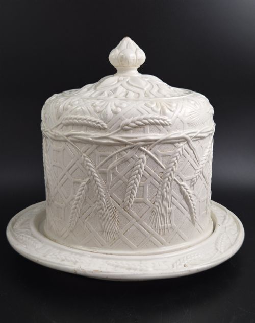 Antique Victorian White Ironstone Cheese Dome and Stand, Wheat and Lattice, C.1875