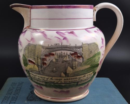 Sunderland Pink Splash Lustre Jug, Iron Bridge Over the Wear, Named and Dated 1859