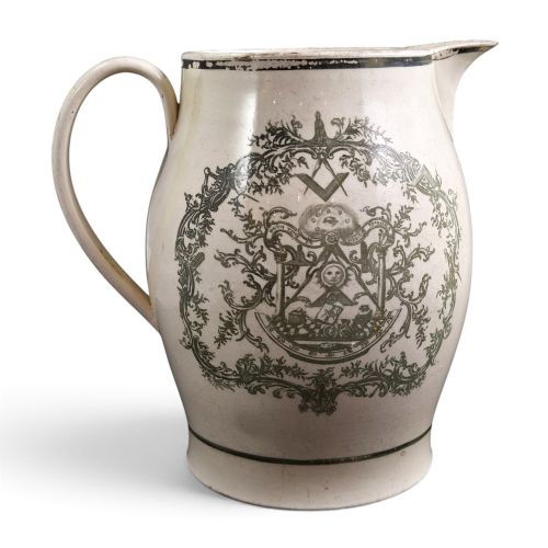 Staffordshire Light Olive-green Masonic Creamware Jug, C.1800–1810