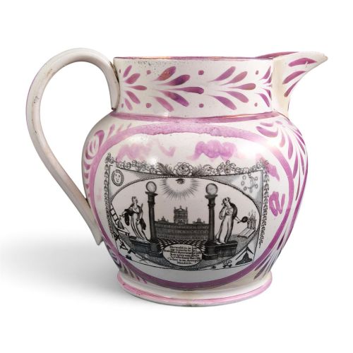 Large Sunderland Pink Lustre Triple-print Masonic Jug, C.1850