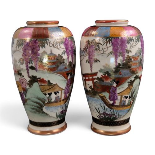 Japanese Satsuma Vase Pair, Wisteria and Lake Landscape, Boxed, C.1910–1920