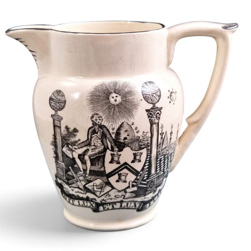 George III Staffordshire Creamware Masonic Jug, Black Transfer Print, C.1810