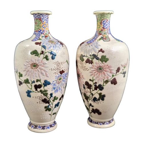 fig 1. A pair of Japanese Satsuma earthenware vases decorated with raised moriage enamel chrysanthemums on a cream crackle background.