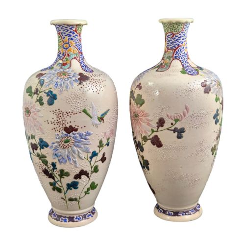 fig 2. A pair of Japanese Satsuma earthenware vases decorated with raised moriage enamel chrysanthemums on a cream crackle background.