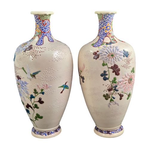 fig 3. A pair of Japanese Satsuma earthenware vases decorated with raised moriage enamel chrysanthemums on a cream crackle background.