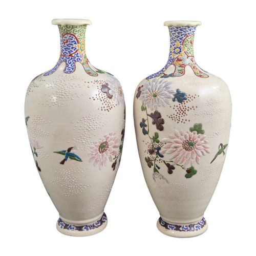 fig 4. A pair of Japanese Satsuma earthenware vases decorated with raised moriage enamel chrysanthemums on a cream crackle background.
