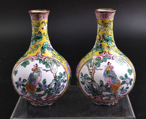 Pair Miniature Chinese Canton Enamel Vases, Rooster and Peony, Yellow Ground, 19th C