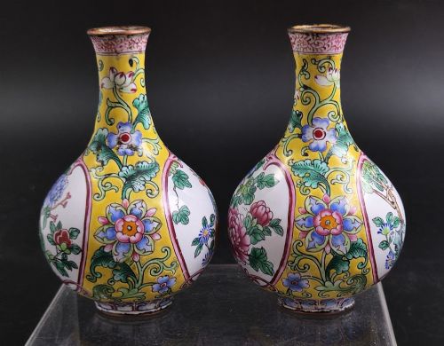fig 3. A pair of 19th-century Chinese Canton enamel miniature vases featuring hand-painted roosters and foliage framed within circular medallions against a bright yellow ground.
