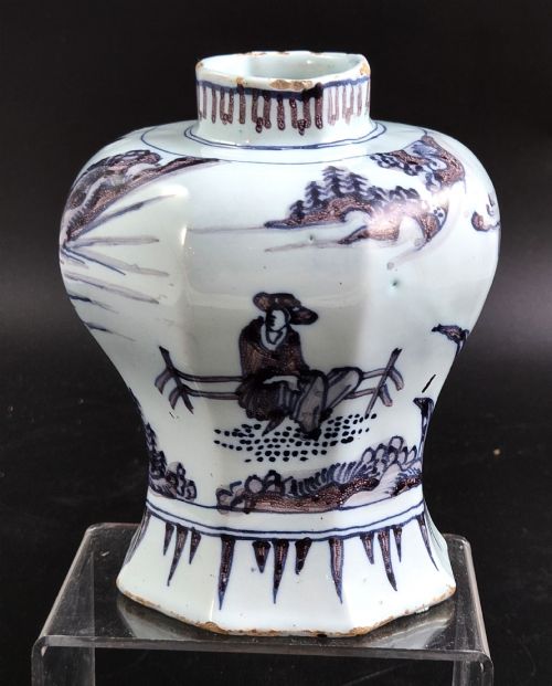 Antique Dutch Delft Blue and Manganese Octagonal Baluster Vase, Chinese Scholar, C.1680