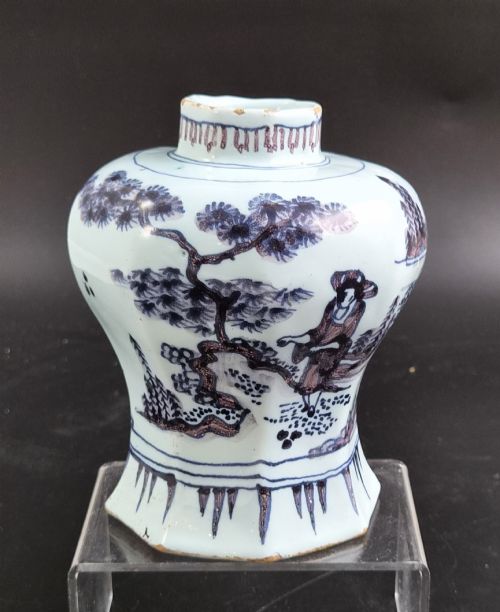 fig 4. An octagonal antique Dutch Delft tin-glazed earthenware baluster vase painted in blue and manganese depicting a Chinese scholar.