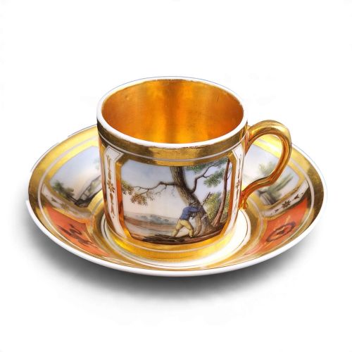 French Old Paris Porcelain Cup & Saucer with Rural Views & Martial Motifs, C.1820