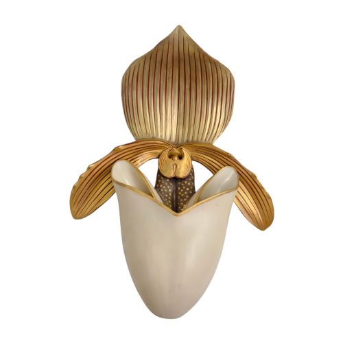 fig 2. A pair of 1886 Royal Worcester ivory porcelain wall pockets shaped like ladys slipper orchids with gold gilded highlights.