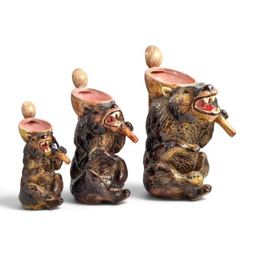 Victorian Joseph Holdcroft Majolica Set of Three Bear Syrup Jugs, C.1875