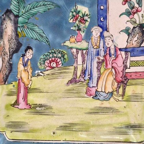 fig 1. An 18th-century square Chinese Canton enamel dish featuring a blue floral border and a central hand-painted figural scene.