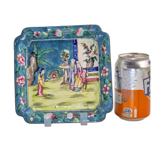 fig 2. An 18th-century square Chinese Canton enamel dish featuring a blue floral border and a central hand-painted figural scene.