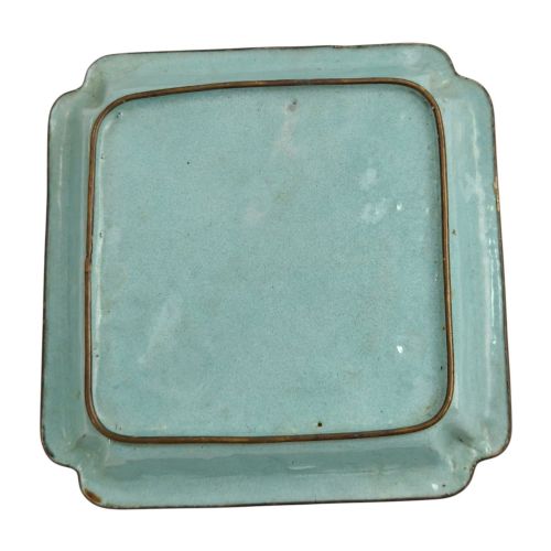 fig 5. An 18th-century square Chinese Canton enamel dish featuring a blue floral border and a central hand-painted figural scene.