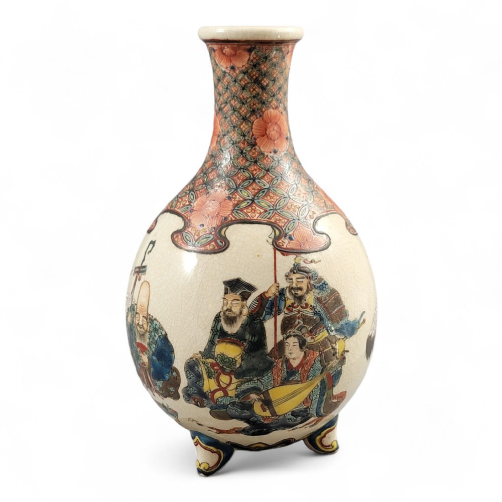 Kyoto Satsuma “Seven Gods of Good Fortune” Tripod Miniature — Choshuzan, decorated by Jissei after Yoshisada (Meiji)