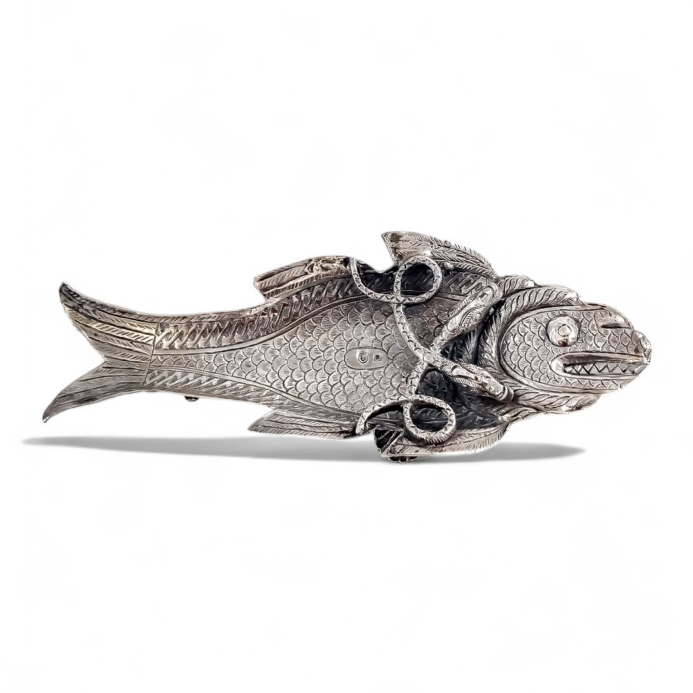 Rare 19th-Century Kutch Indian Silver Dish Modelled as a Fish and Snake, c. 1890