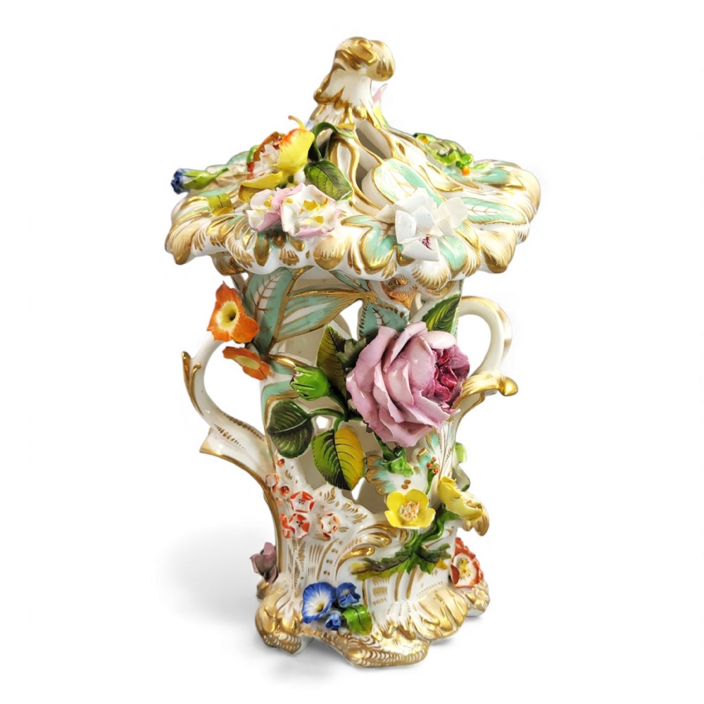 Reticulated Coalport Flower-Encrusted Vase & Cover, c.1835–1845