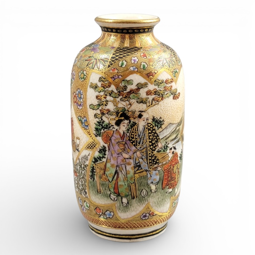 Exquisite Meiji Satsuma Vase with Family Scene and Tea Utensils, Fine Raised Gold Detailing