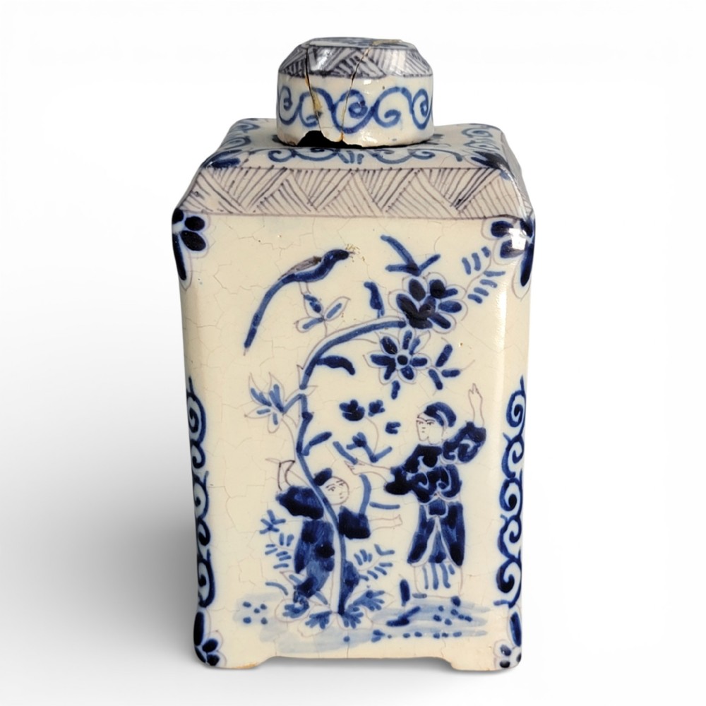 Antique Dutch Delft Blue & White Tea Caddy, Chinoiserie, 18th C.