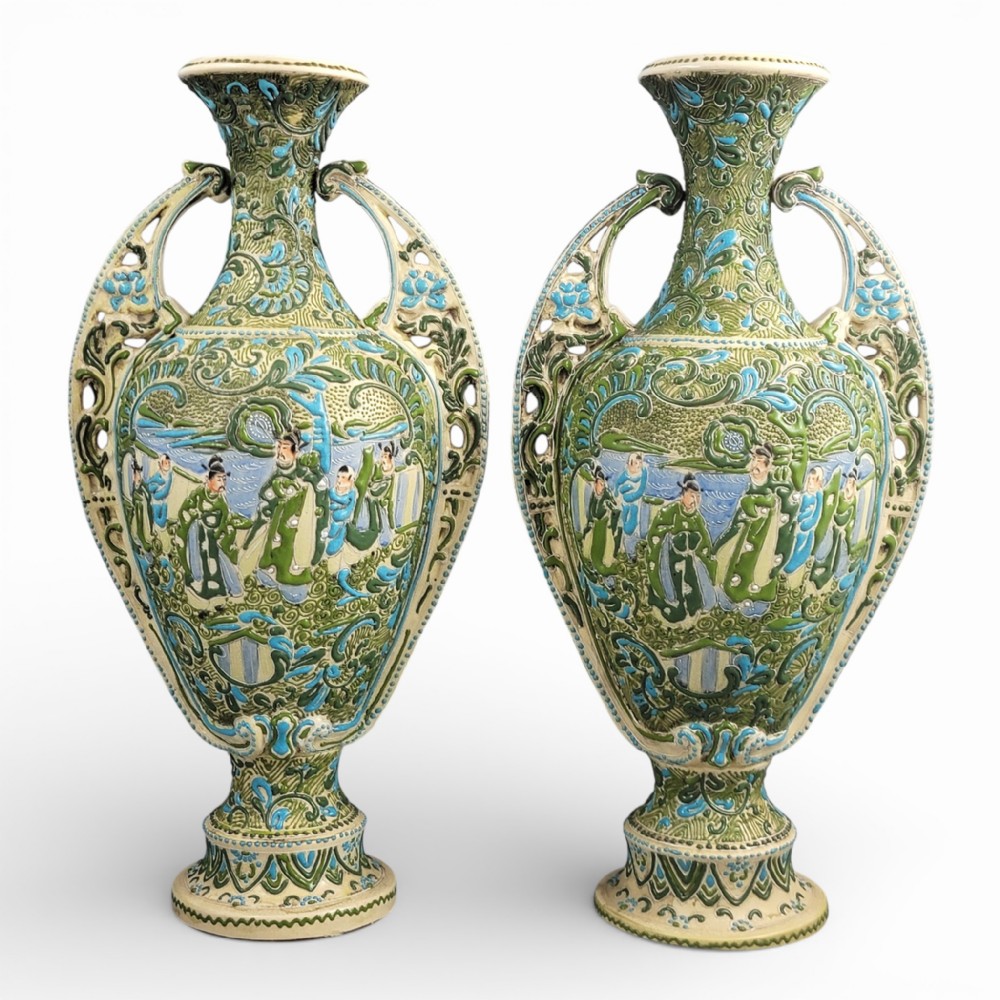 Monumental Pair of Victorian Era Japanese Moriage Vases with High Relief Figures, 1890s